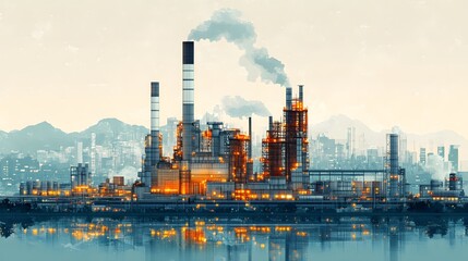 Industrial factory with large chimneys, surrounded by a flat urban skyline, with roads and warehouses in the foreground, created in a clean, flat vector style.