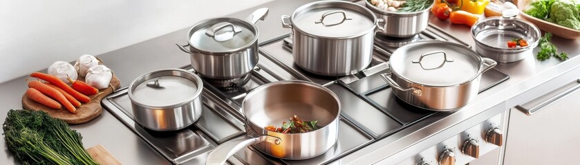 A modern kitchen setup featuring stainless steel pots and fresh vegetables, perfect for culinary creations.