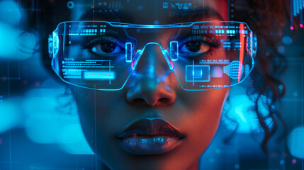 black tech person with interface glasses hologram blue artificial intelligence coding computing working colleague career diverse diversity technology graphics futuristic data learning processing. AI