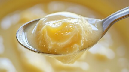A close-up of a spoonful of creamy dessert, highlighting its smooth texture and color.