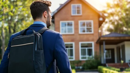 Realtor in a Suit Walking Away From a Modern House During Daytime Generative AI