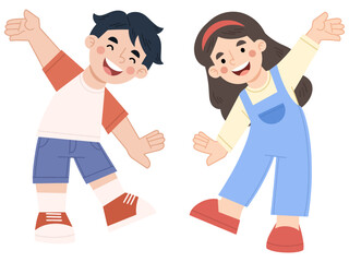 Vector illustration of boy and girl dancing happily and jumping