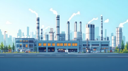 Large industrial factory near a busy city, with roads and warehouses in the foreground, illustrated in a clean and minimalist flat style with vibrant colors.