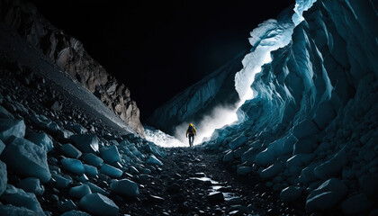Glacier Roams in Cloudy Summer: The Scout's Journey Enveloped in Landslide