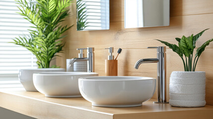 Fototapeta premium A clean, modern bathroom sink with stylish fixtures, greenery, and a large mirror, creating a refreshing, contemporary look.
