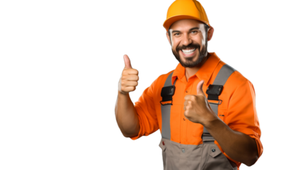 Young man wearing electrician uniform pointing finger to one self smiling happy and proud standing on transparent background PNG.