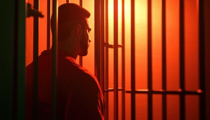Obraz premium A man stands in a dimly lit jail cell, casting a shadow against the prison bars, evoking feelings of confinement and solitude.