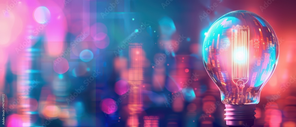 Aufkleber a colorful, illuminated light bulb surrounded by vibrant bokeh effects, creating a dynamic and energ