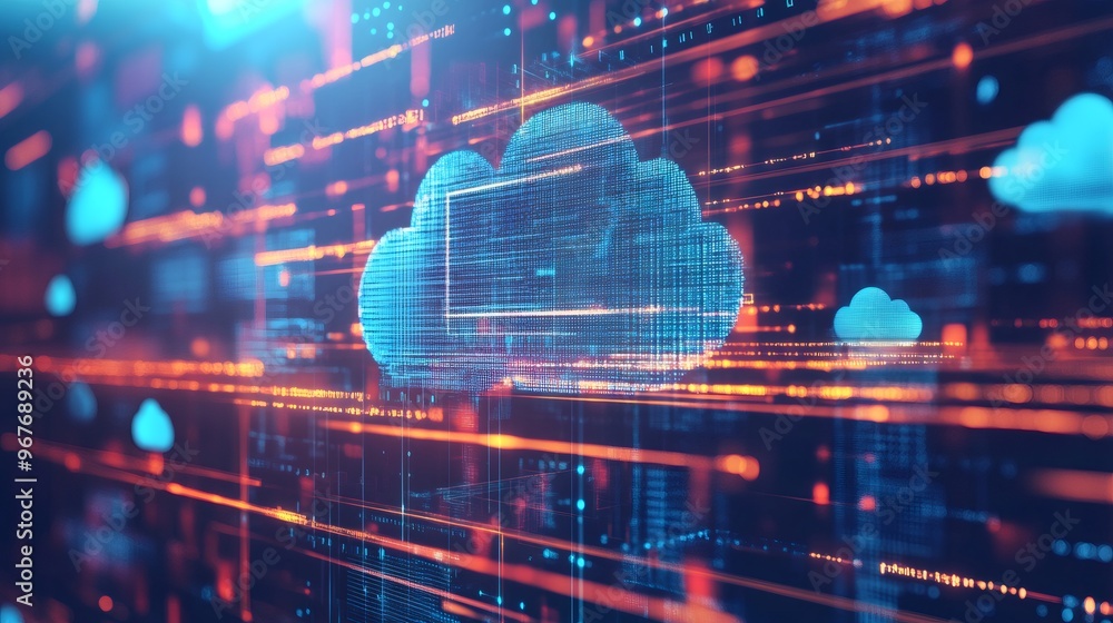 Poster abstract blue cloud computing icon on a dark background with glowing digital lines, data, and code.