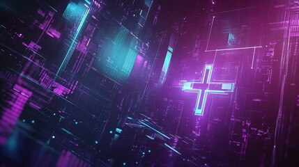 Futuristic digital landscape featuring vibrant neon colors and geometric patterns in a virtual mesh environment