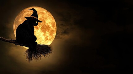 Black Cat Witch Silhouette with Full Moon