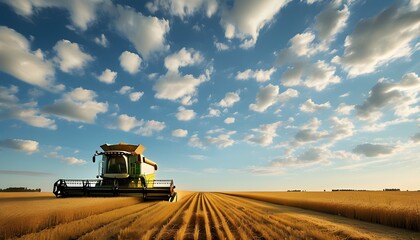 dedication of a lone harvester in expansive golden fields under a clear sky celebrating the bounty of agriculture