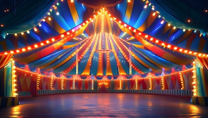 Empty performance space under vibrant circus tent, evoking anticipation and wonder under bright lights