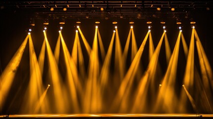 Bright yellow stage lights create a vibrant atmosphere for a performance in a dark theater setting