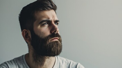 Obraz premium A thoughtful young man with a dense beard looks pensive, gazing into the distance in front of a plain backdrop, reflecting a mood of introspection.
