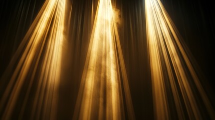 Naklejka premium Golden light beams illuminate a dark stage, creating a dramatic atmosphere for a performance or event
