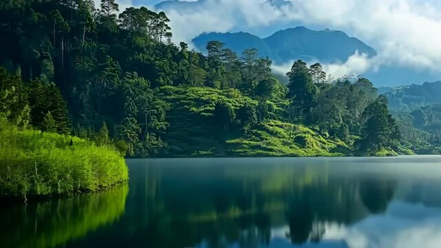 A beautiful lake surrounded by trees and mountains. The water is calm and clear, reflecting the sky and the trees. The scene is peaceful and serene