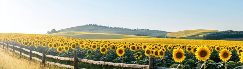 Obraz premium A vibrant field of sunflowers under a clear blue sky, showcasing nature's beauty and tranquility in a scenic landscape.