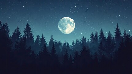 Fototapeta premium Moonrise over a quiet forest, with stars twinkling above, creating a peaceful night nature scene.