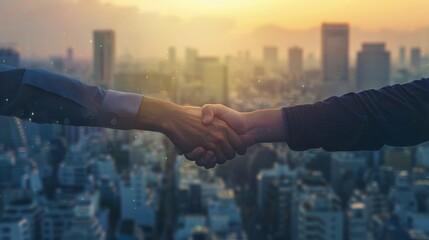 Two people shaking hands above a cityscape at sunset, symbolizing a successful business agreement.