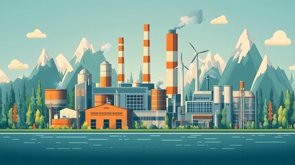 Fototapeta premium Sustainable industrial plant featuring waste management, solar power panels, and wind turbines, surrounded by natural elements like trees and mountains in a flat vector design.