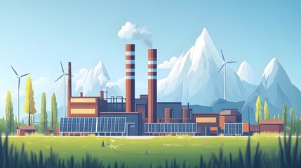 Fototapeta premium Flat vector landscape of an eco-friendly industrial facility with renewable energy sources such as wind turbines and solar panels, surrounded by nature and mountains.