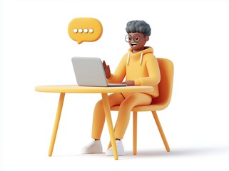 Fototapeta premium Man in Orange Outfit Working on Laptop at Desk
