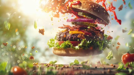 Fototapeta premium A delicious burger with fresh toppings and vibrant colors, capturing the essence of gourmet fast food in a sunny environment.