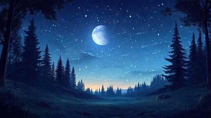 Fototapeta premium Moonrise over a quiet forest, with stars twinkling above, creating a peaceful night nature scene.