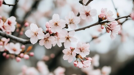 Obraz premium Spring blossoms on cherry tree branches display delicate pink flowers in a serene setting during a calm afternoon