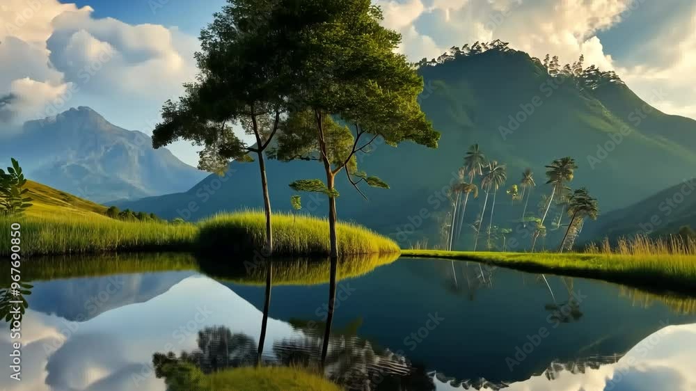 Poster a small tree is reflected in the water of a pond. the image has a peaceful and serene mood, with the