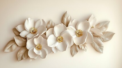 Elegant white flowers with golden centers and stylized leaves against a neutral backdrop, showcasing intricate details of nature