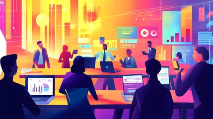 A vibrant illustration of an interactive digital conference room, with people gathered around tables using laptops and tablets to engage in lively discussions about global market trends and product