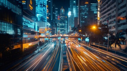 Obraz premium A night view of a busy city street with speeding cars creating colorful light trails.