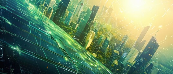Obraz premium A futuristic cityscape with solar panels and shining skyscrapers under a glowing sun, showcasing green technology and innovation.