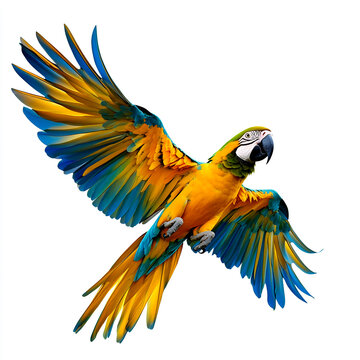 bright flying parrot isolated on white background