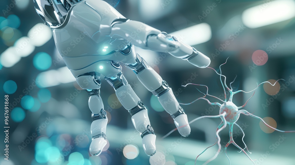 Poster a futuristic robotic hand reaching out towards a glowing neural network, symbolizing the intersectio