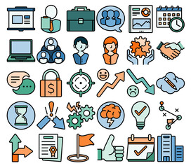Business and Finance icons, teamwork, portfolio, work, job