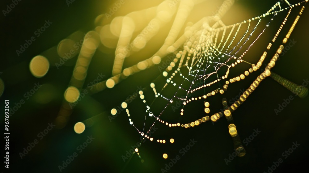 Poster a close-up of a spider web adorned with dew drops, shimmering in soft light.