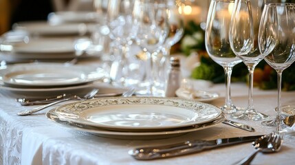 Carefully arranged table setting with plates, cutlery, and glasses for a formal dinner
