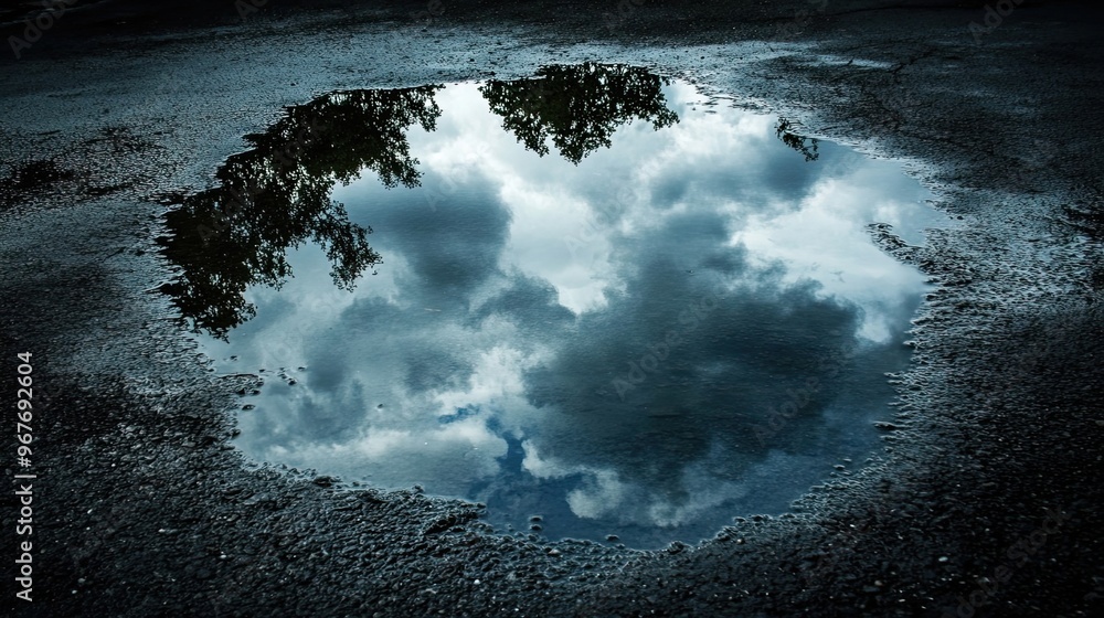 Poster reflection of clouds and tree silhouettes in a puddle