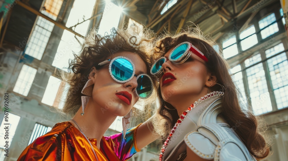 Wall mural two fashionable individuals with stylish sunglasses pose confidently in an abandoned, sunlit warehou