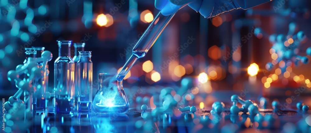 Poster a laboratory scene showcasing a scientist using a pipette to mix glowing liquids in beakers and flas