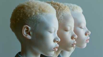Three young individuals with light skin tones and light curly hair stand in peaceful profile, exuding calm and unity.