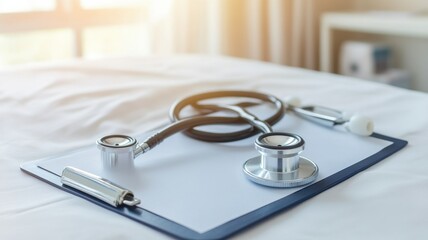 A stethoscope rests on a clipboard in a bright, serene medical environment, symbolizing health and wellness.