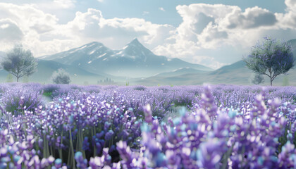 A breathtaking landscape featuring a vibrant lavender field in the foreground, with majestic mountains and soft clouds in the background.