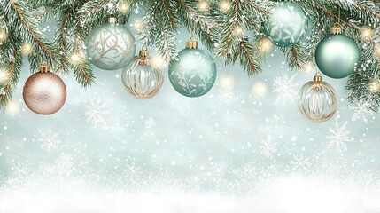 Elegant holiday decorations with shimmering ornaments and snowflakes hanging on greenery in a winter setting