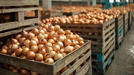 Crates of Fresh Onions in an Agricultural Warehouse