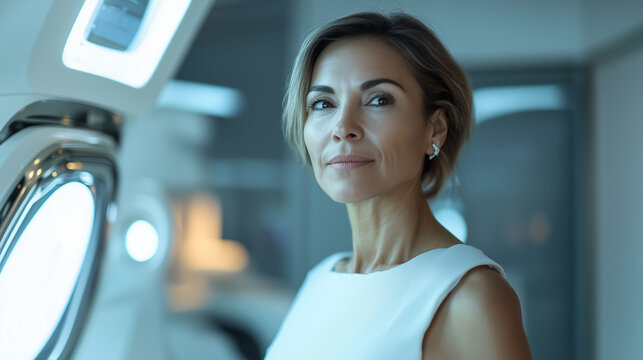 A middle age woman portrait on blurred background with modern illuminating technic, artificial intelligence, future beauty industry concept