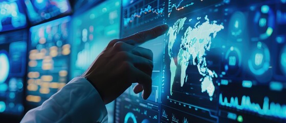 A professional analyzing data on digital screens, highlighting global trends and insights with a hand gesture.
